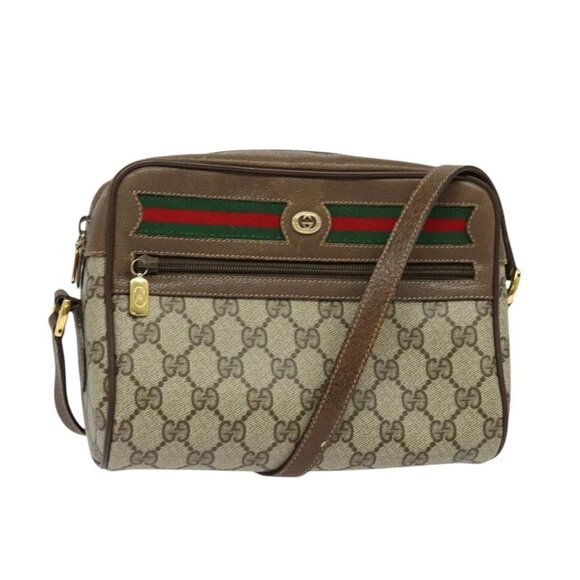 GUCCI GG Supreme Web Sherry Line Bag PVC Brown Gold 98 02 087 Auth 126023 - Picture 1 of 16